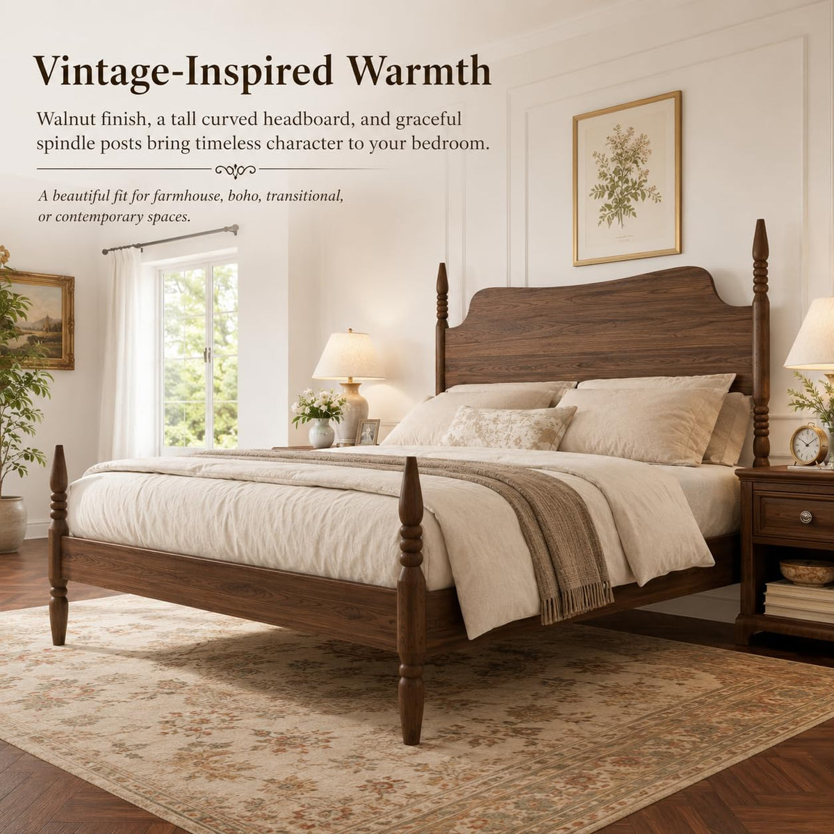 Vintage Wood Platform Bed Frame w/Tall Arched Headboard