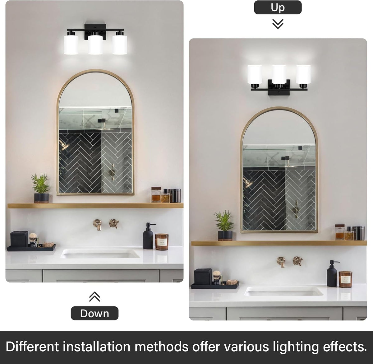 Black Bathroom Light Fixtures Vanity Lights Over Mirror | Modern 3-Light lighting fixtures with Milky White Frosted