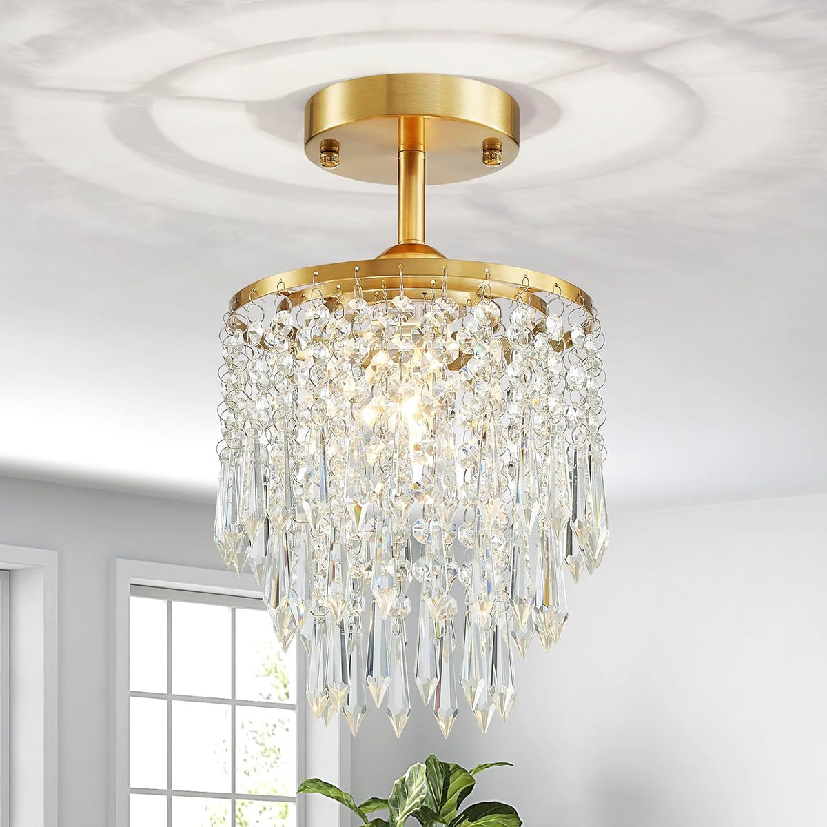 Small Gold Crystal Semi-Flush Chandelier for Bedrooms and Low Ceilings
