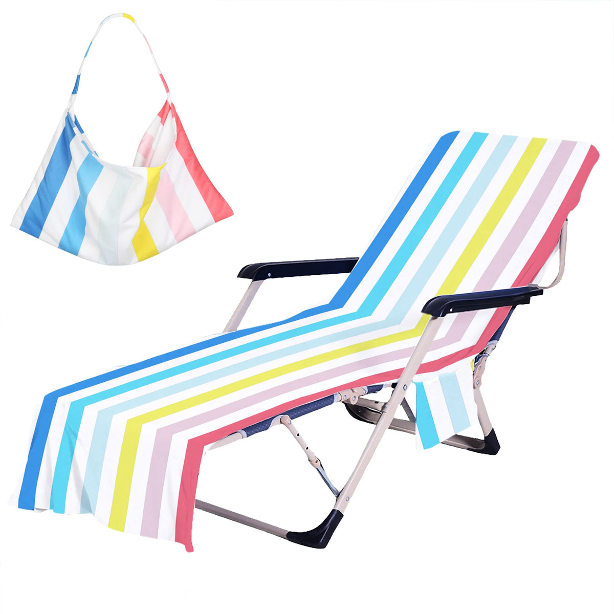 Colorful Beach Chair Cover with Side Pockets Cozy Quick Dry Stripe Chaise Lounge Chair Towel Cover for Pool Beach