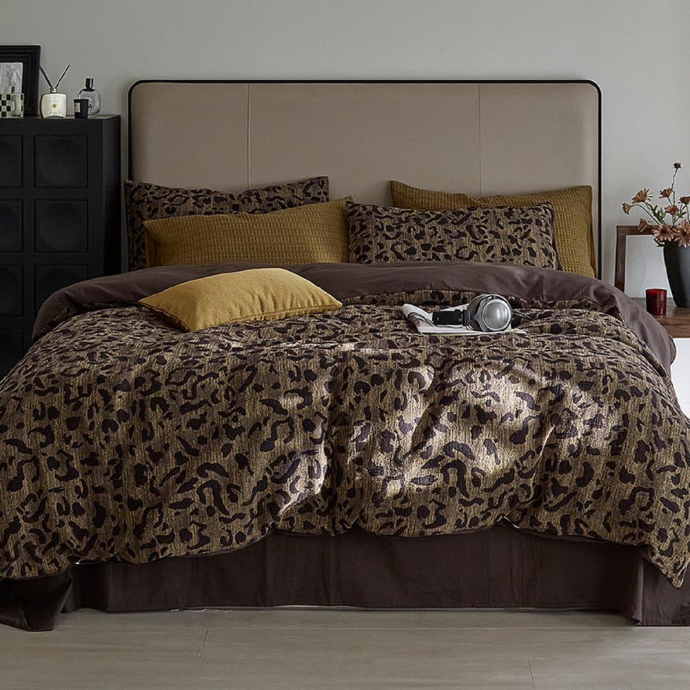 Leopard Print Duvet Cover Queen Yarn-Dyed Cotton Jacquard Duvet Cover Brown Leopard Pattern Comforter Cover Farmhouse
