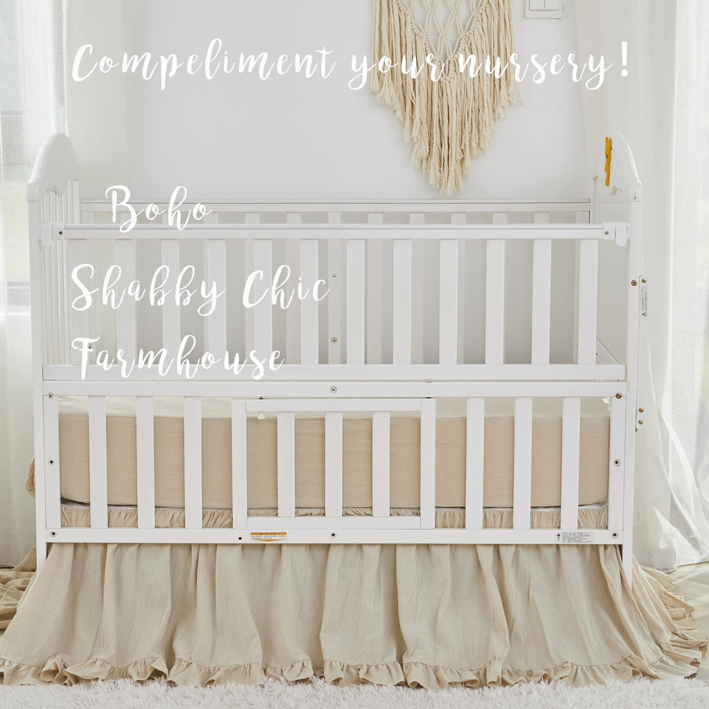 Boho Bohemian Girl Baby Nursery Crib Bed Skirt Dust Ruffle - Neutral Solid Color Beige Farmhouse Chic 100% Washed