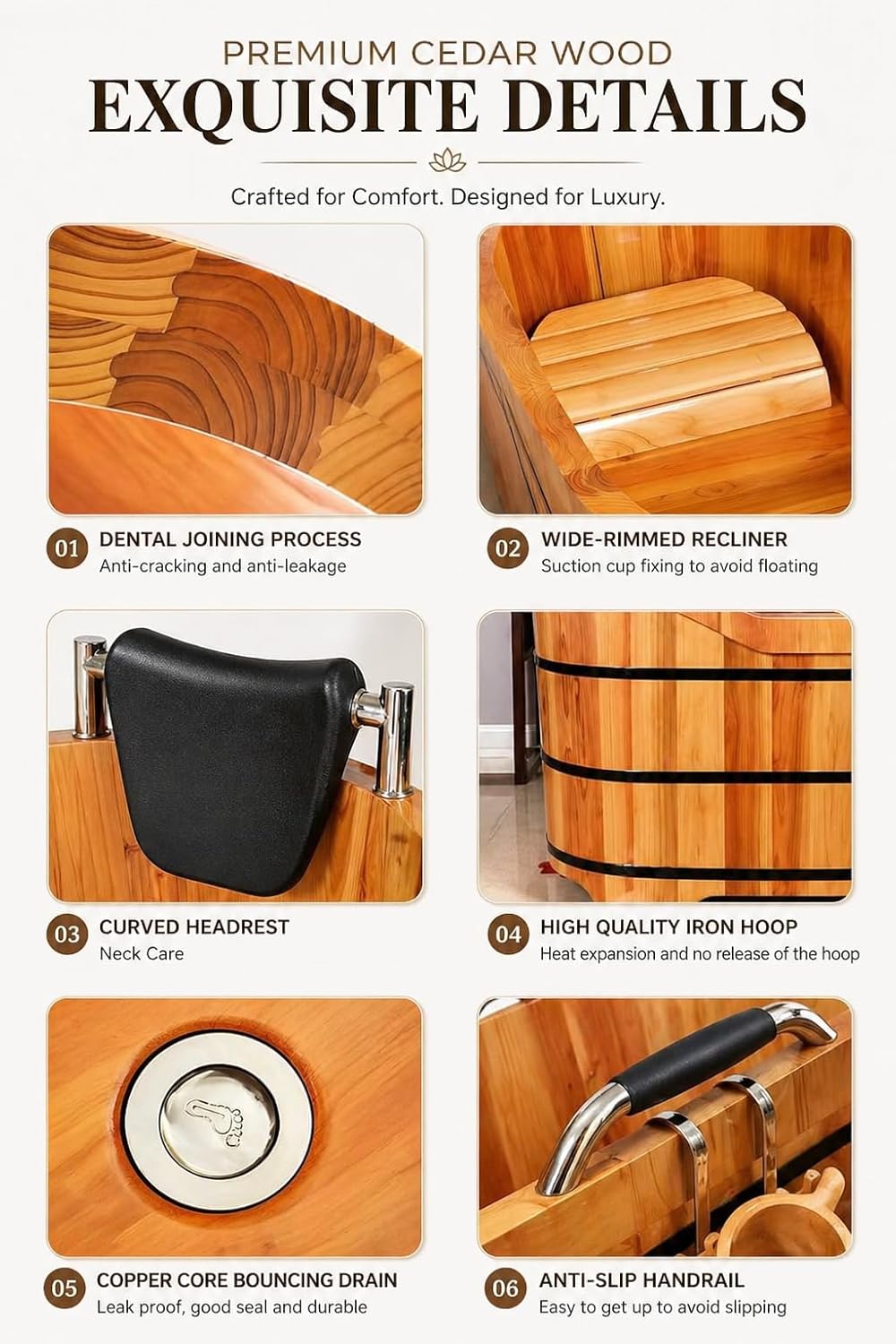 Cedar Wood Soaking Tub for Adults, Freestanding Wooden Bathtub with Lid & Steamer, Deep Japanese Style Bath Tub with Seat, Home Spa Bath Barrel (NW, 47.2 in)