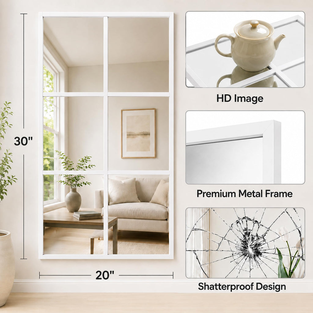 Wall Mounted Mirror, 30"x20" Rectangular Window Pane Mirror (White)