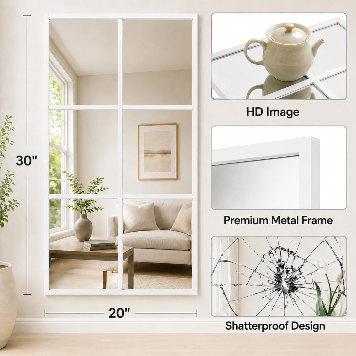 Wall Mounted Mirror, 30"x20" Rectangular Window Pane Mirror (White)