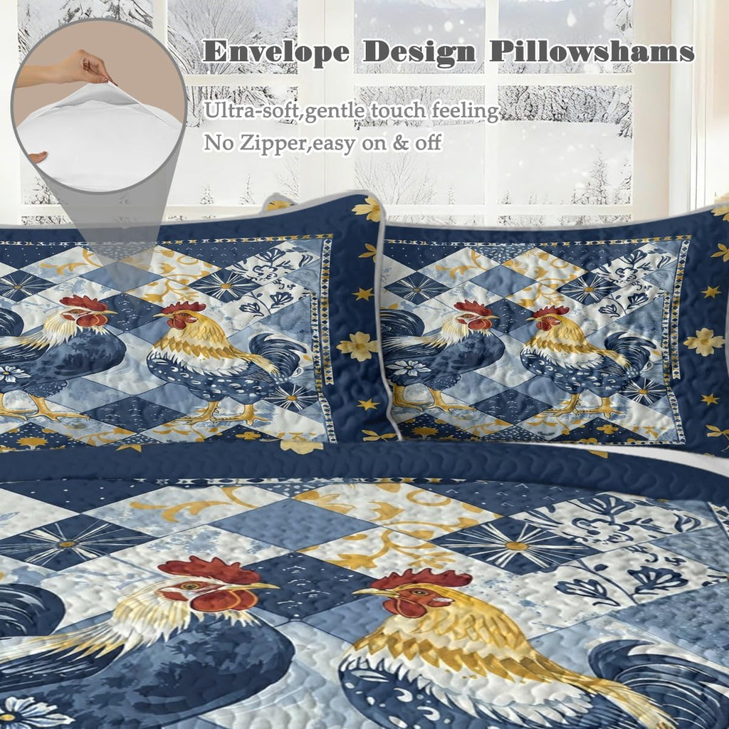 Farmhouse Rooster Quilt Set, Navy Blue and Yellow Patchwork Country Bedding