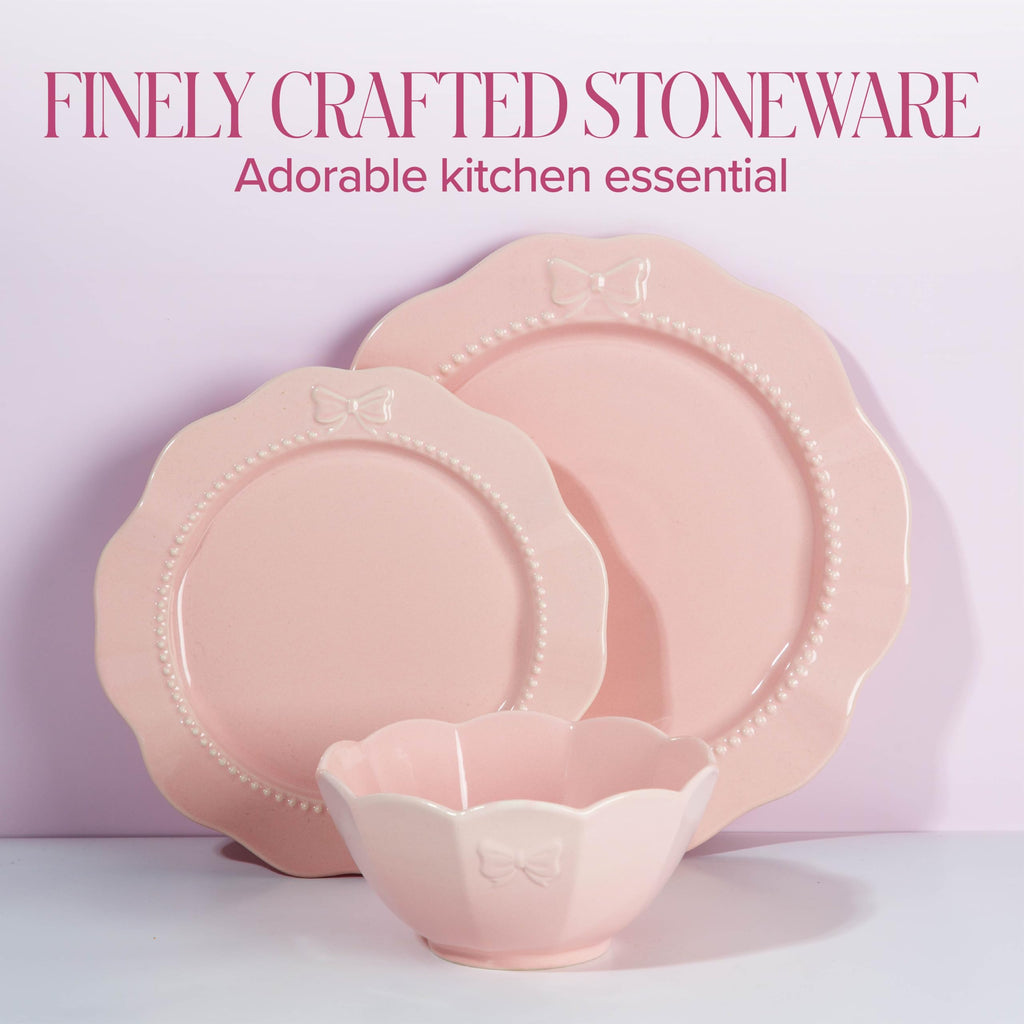 12-Piece Dinnerware Set, Embossed Bow Design, Iconic Ceramic Stoneware Service for 4 with Dinner Plates, Salad