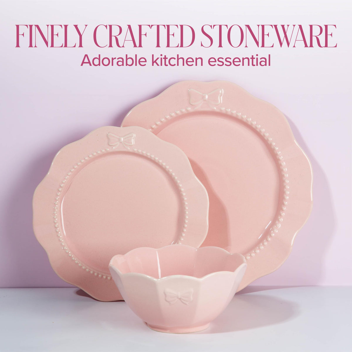 12-Piece Dinnerware Set, Embossed Bow Design, Iconic Ceramic Stoneware Service for 4 with Dinner Plates, Salad