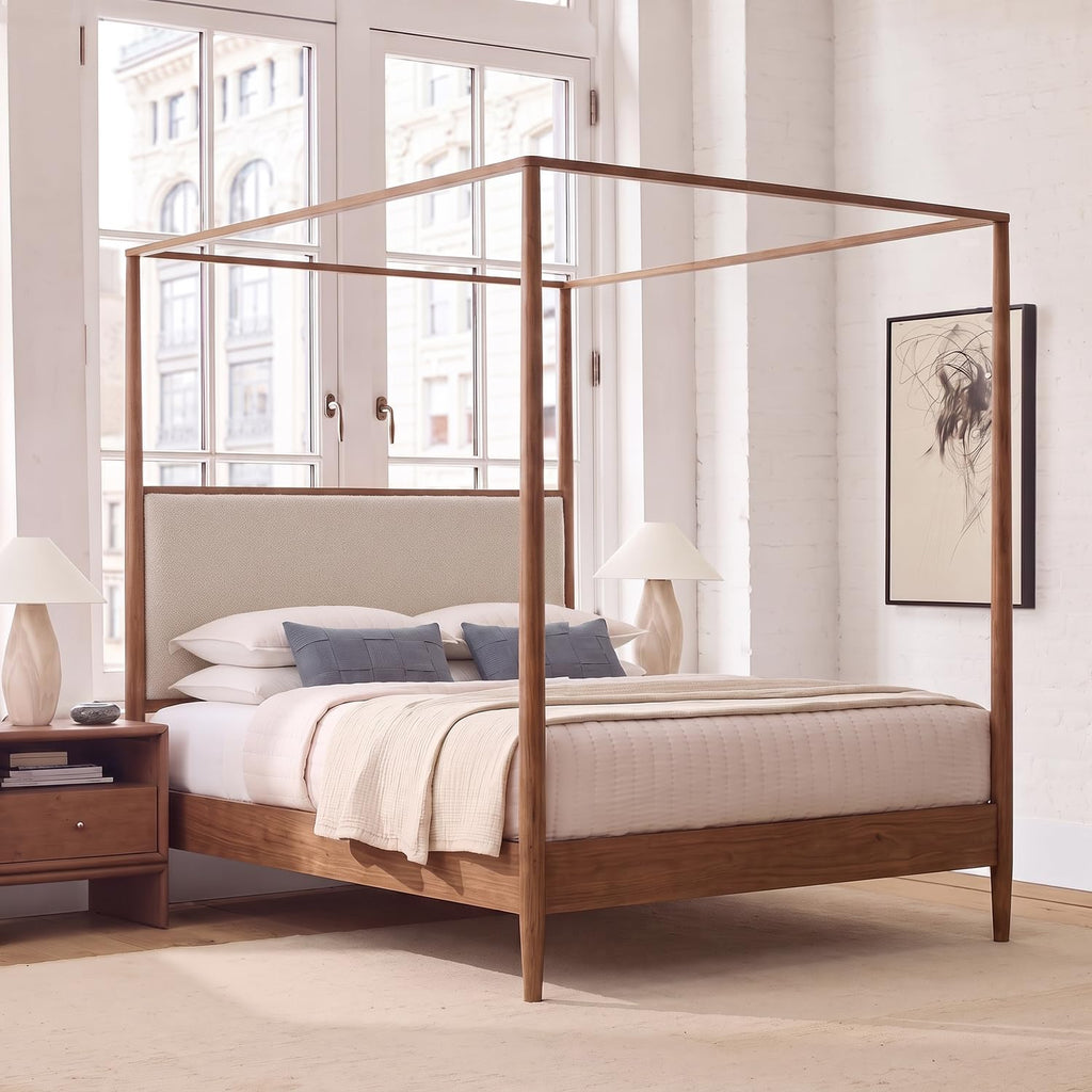 Wood Canopy Bed Frame, Walnut Vintage Four-Posters Platform Bed