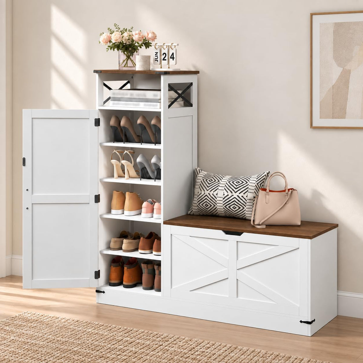 Shoe Cabinet with Bench, L-Shaped Shoe Bench, Storage Bench, Farmhouse Shoe Storage Cabinet with Adjustable Shelves
