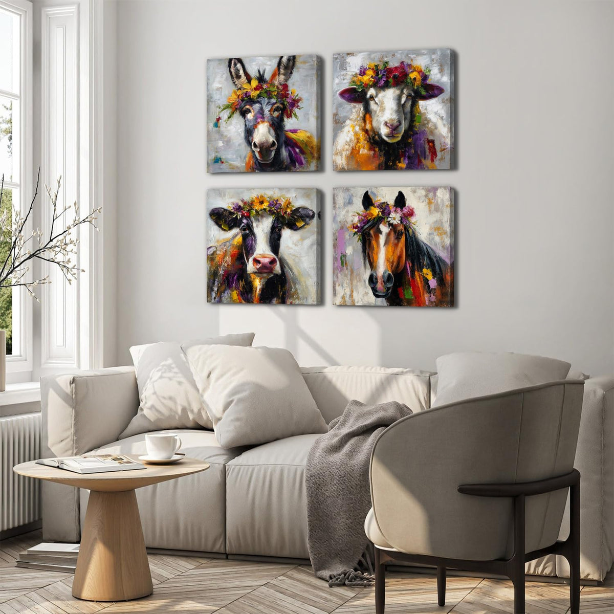 Colorful Cow Horse Donkey Sheep Wall Art Abstract Animals Wall Decor Farmhouse Pictures Canvas Prints Kitchen Rustic