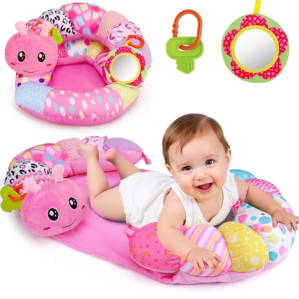 2 in 1 Baby Tummy Time Mat & Support Seated Pillow Infant Newborn Toys 0 1 2 3 4 5 6 Months Pink Caterpillar Sensory
