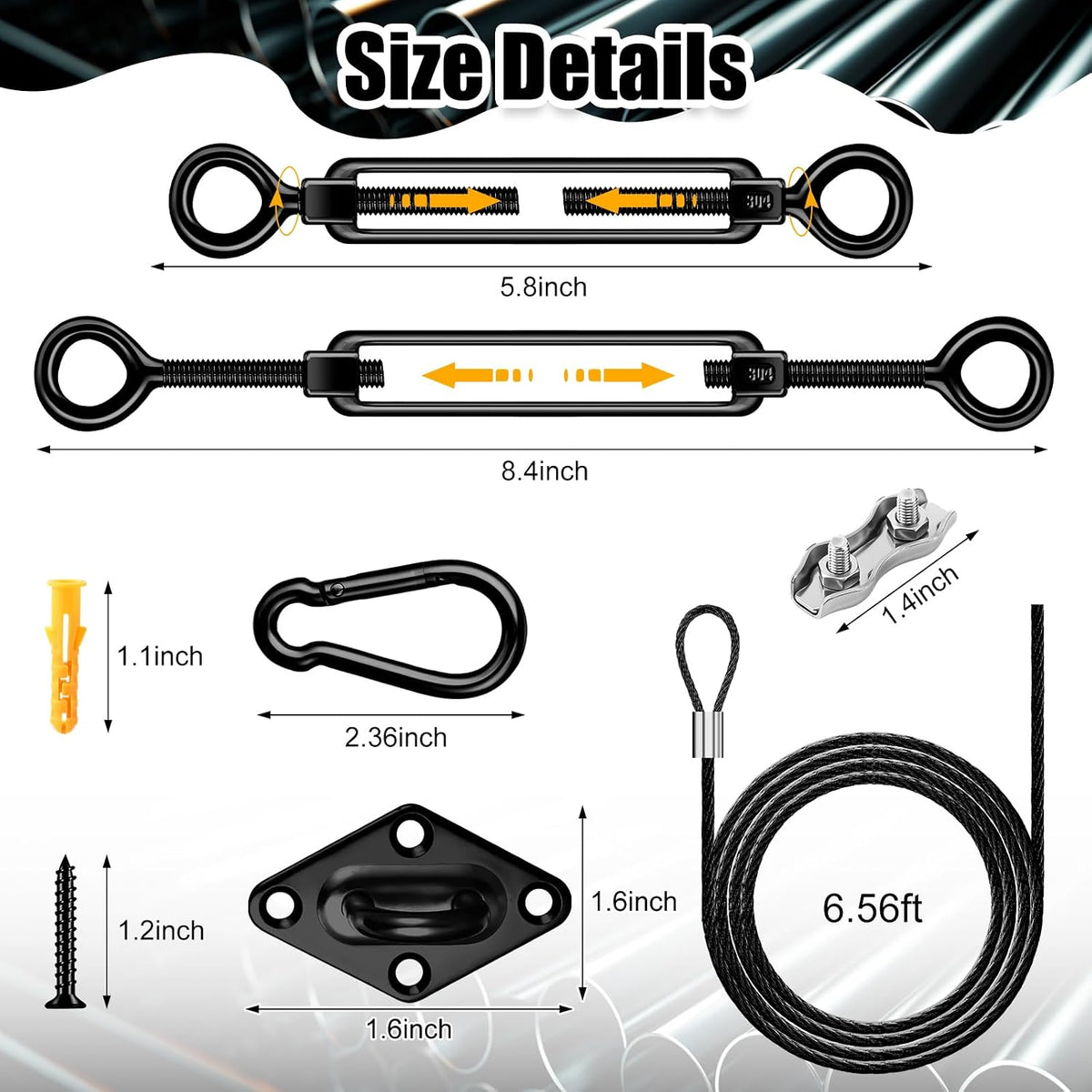 Sun Shade Sail Hardware Kit,Black,Classic Style | Sails Installation Kits, 304 Stainless Steel Accessories Set