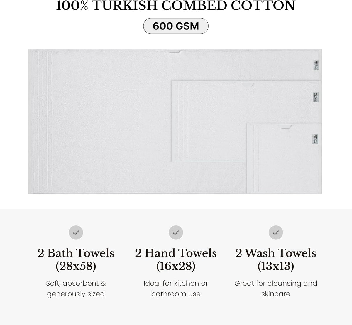 BW Luxe Home Bath Towel Set, 6-Piece, 100% Turkish Cotton, 600 GSM, White | Includes Bath, Hand and Wash Towels, Soft