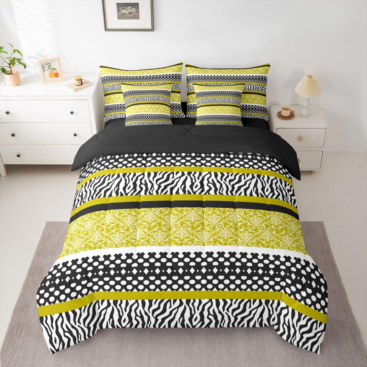 Vintage Damask King Comforter Set with Sheets 7 Piece Yellow Zebra Print Bed in A Bag Modern Polka Dot Bedding Sets