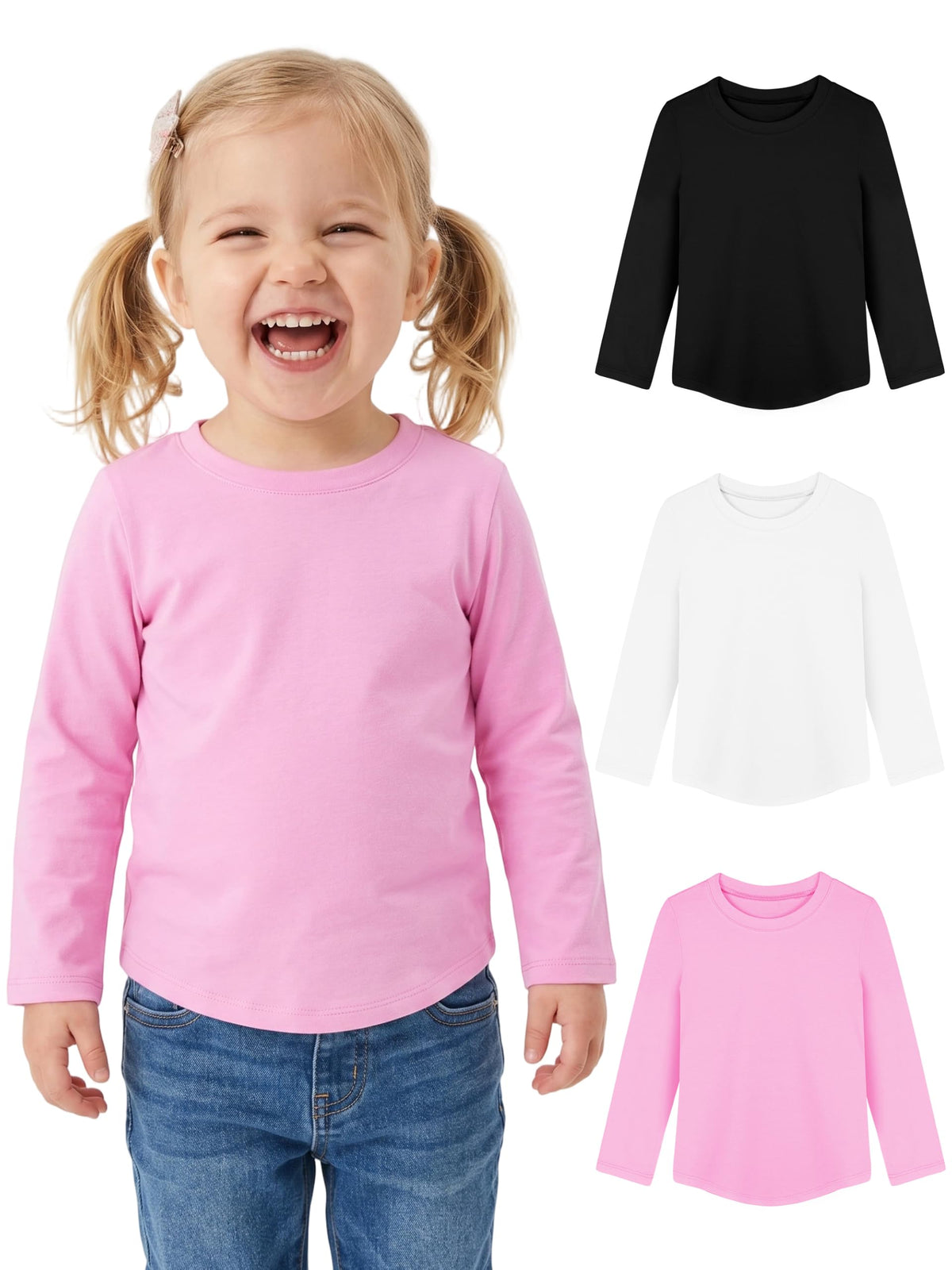 3 Pack Toddler Girls Long Sleeve Cotton Shirts Curve Hem Tops