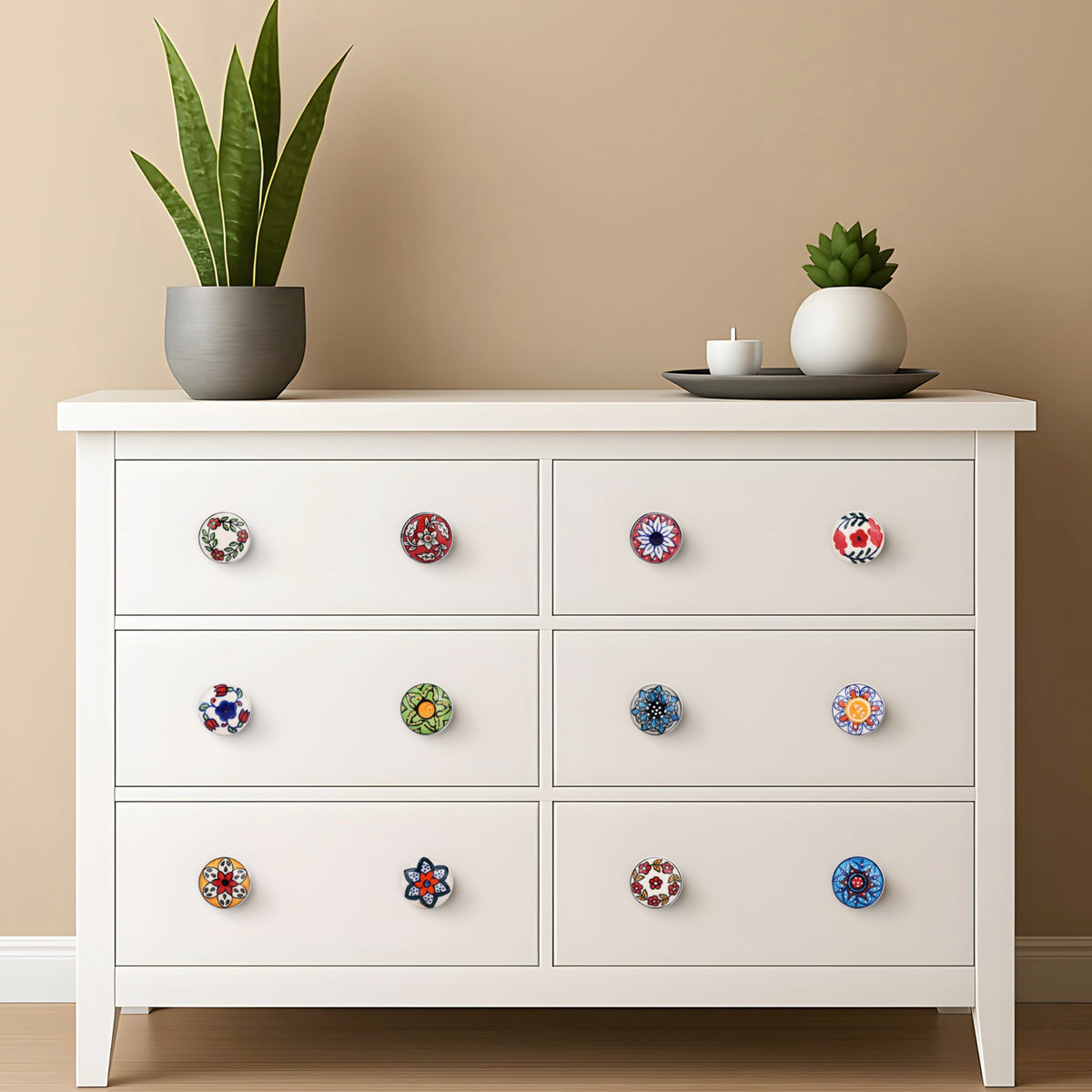 Set of 12 Hand Painted Multicolor Ceramic Knobs for Cabinets Doors