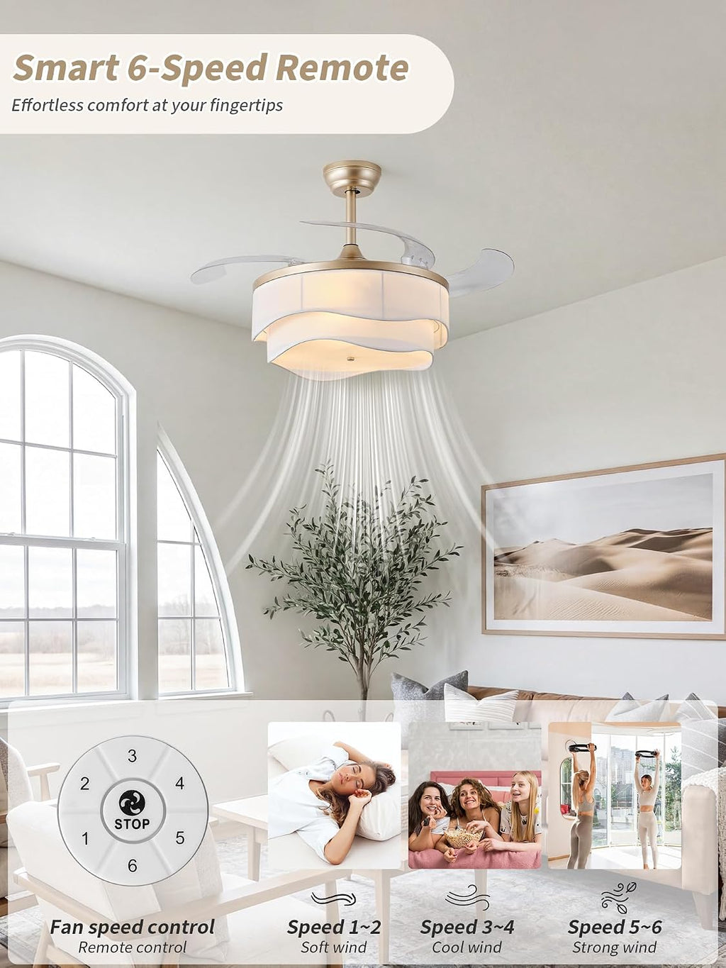 42" Gold Caged Chandelier Retractable Ceiling Fan with Light & Remote