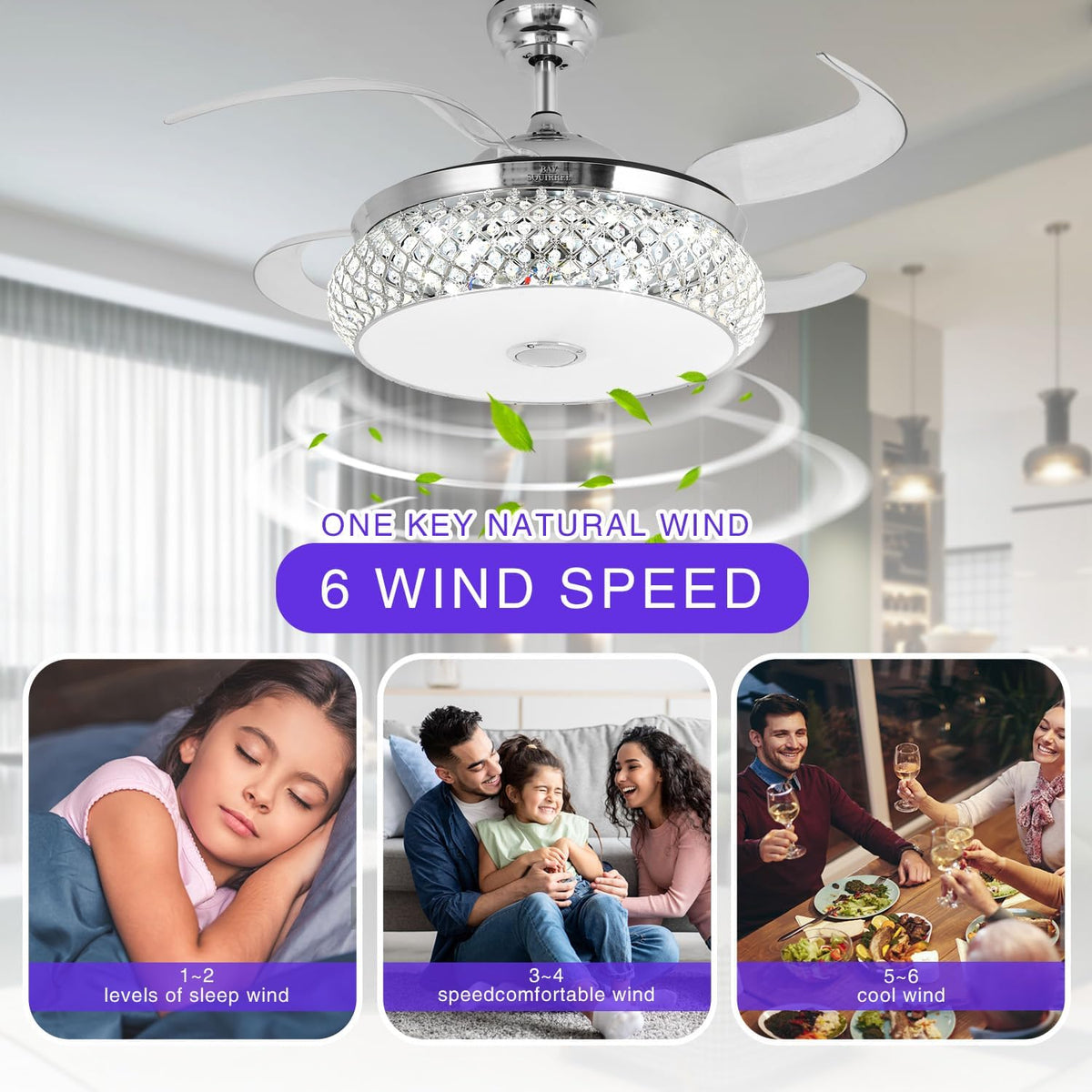 Retractable Ceiling Fan Bluetooth Celing Fans whit Lights and Speaker