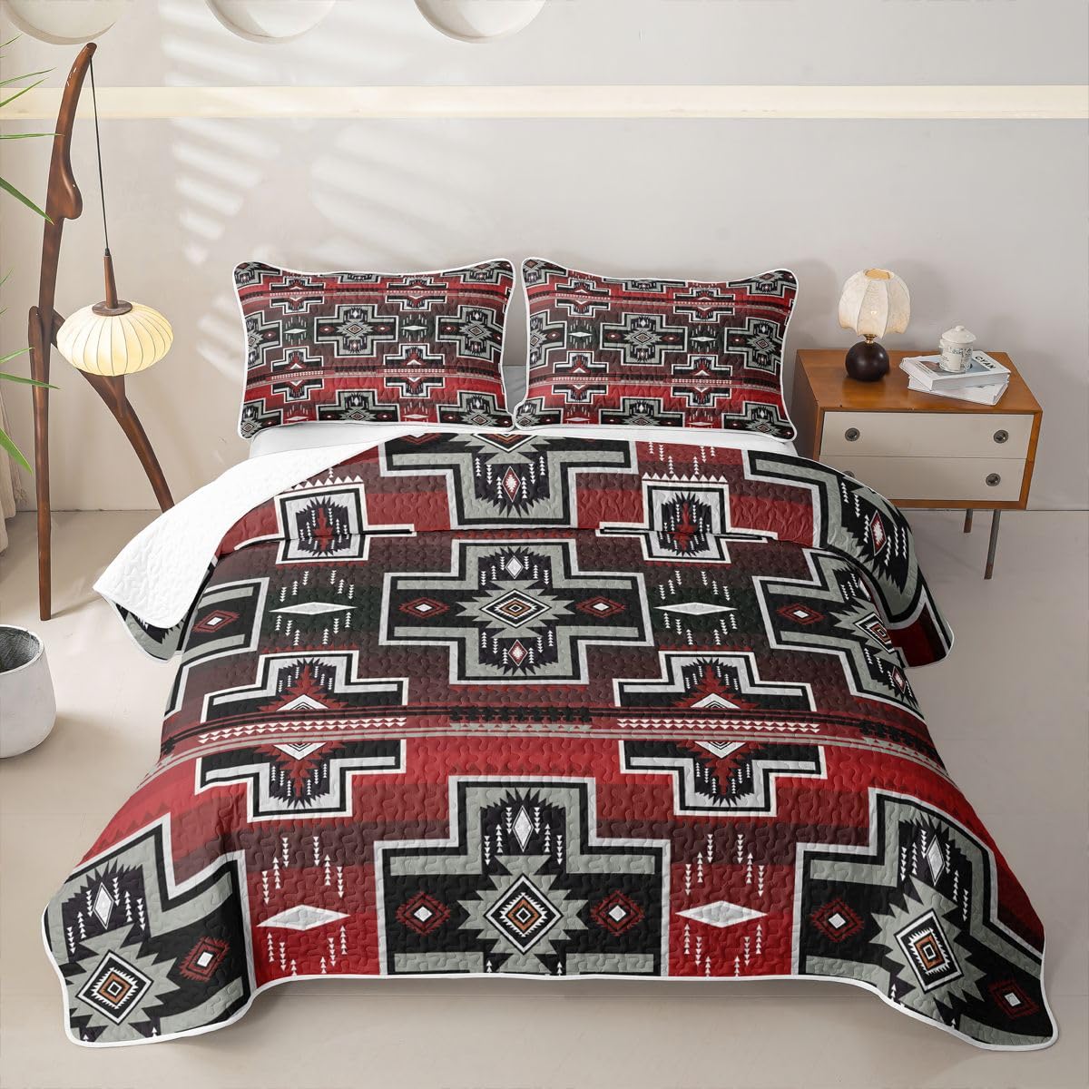 Western Boho Aztec Quilt Set Geometric Exotic Bohemian Lightweight Quilt Bedding Set for Summer