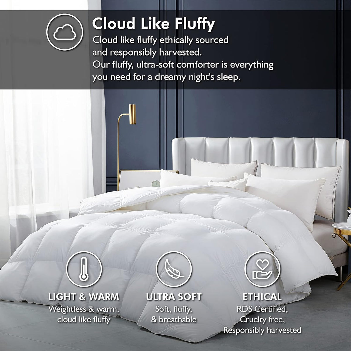 Luxurious All-Season Goose Down Feather Fiber Comforter Queen Duvet Insert, Exquisite Pinch Pleat Design, Premium