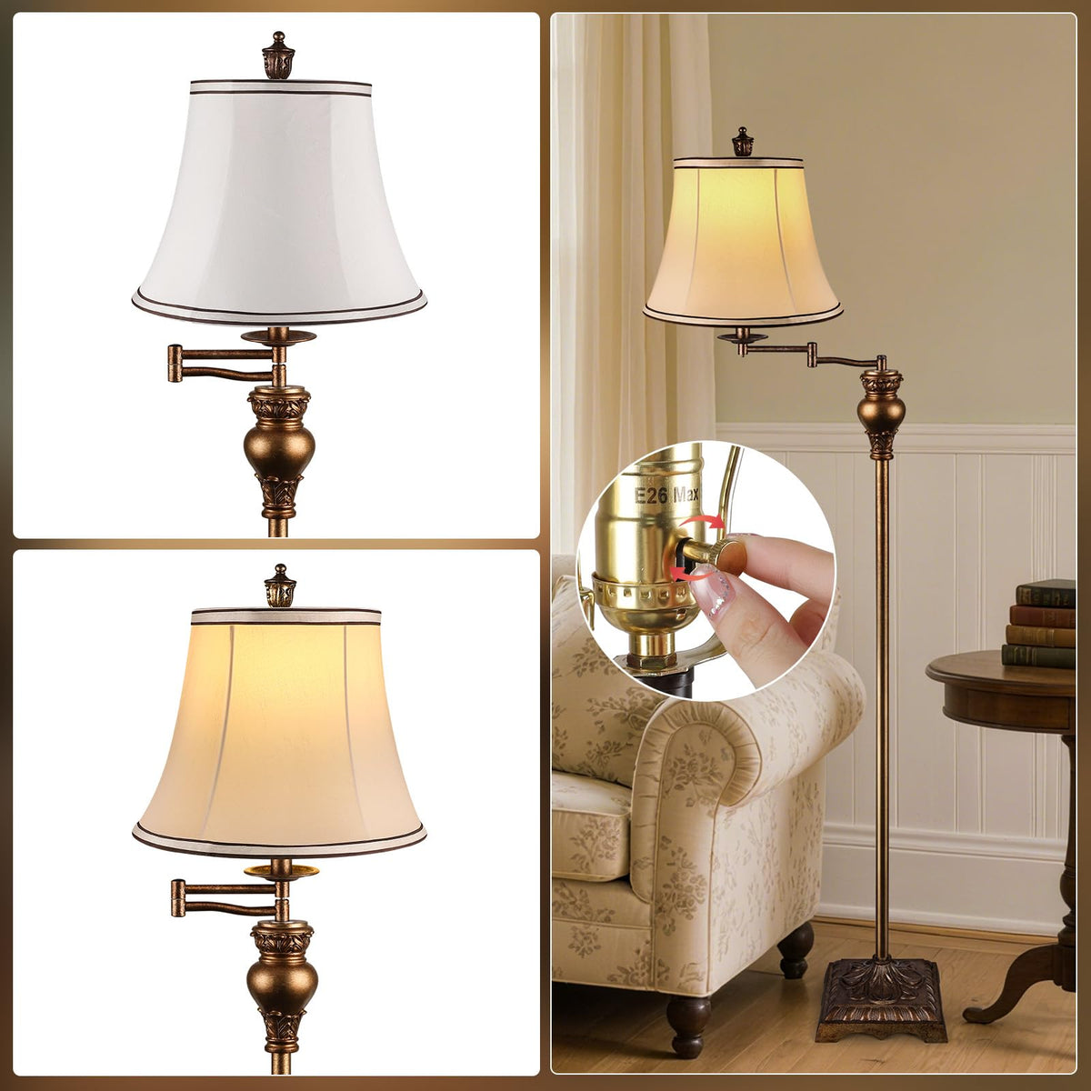 Vintage Floor Lamps,Traditional 350° Adjustable Swing Arm Farmhouse Floor Lamp, Rustic Standing Lamp Pole Lamps