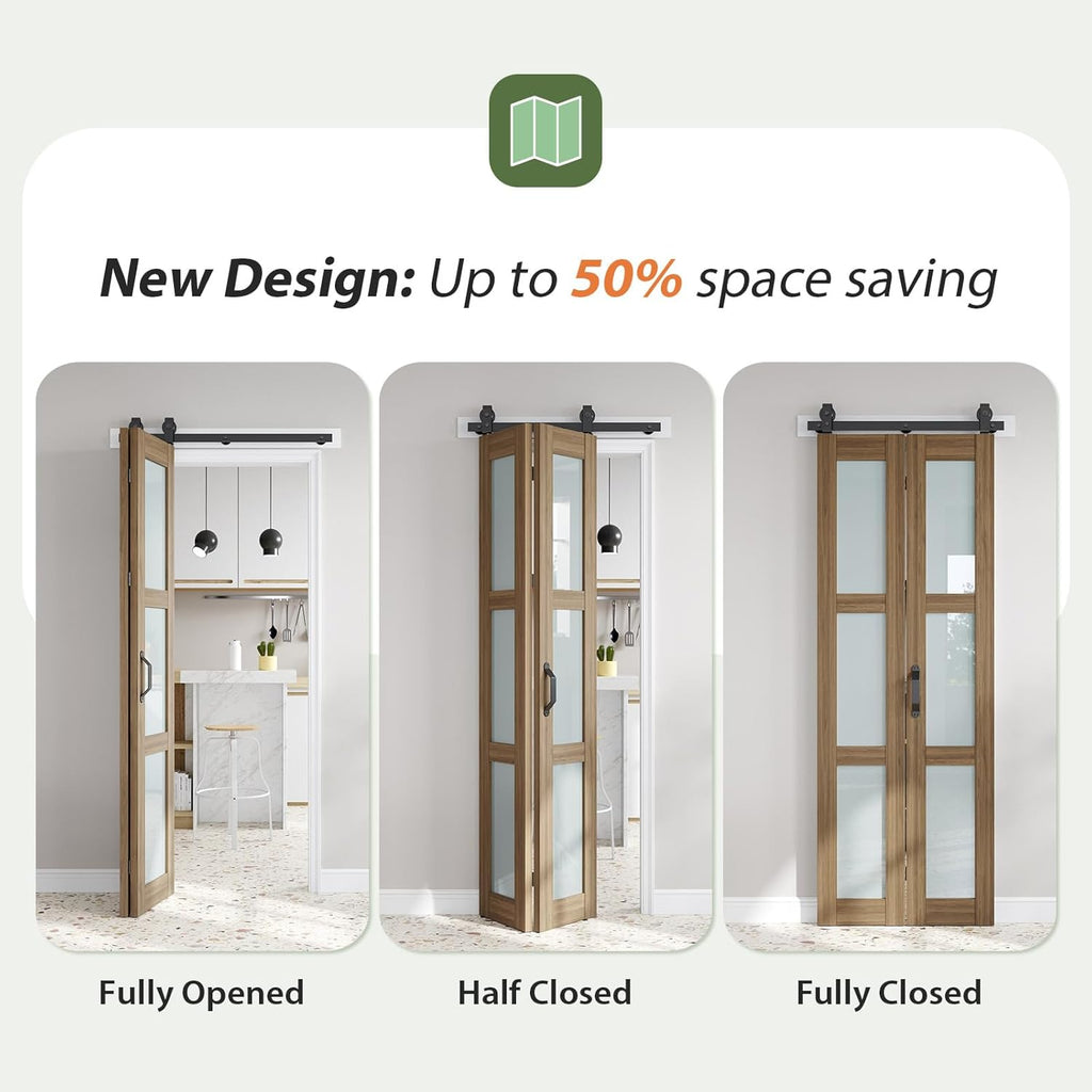 Bifold Barn Doors 30X84 (Double 15x84) with Frosted Glass and Hardware Kit Included, Brown,for Bedroom,Bathroom