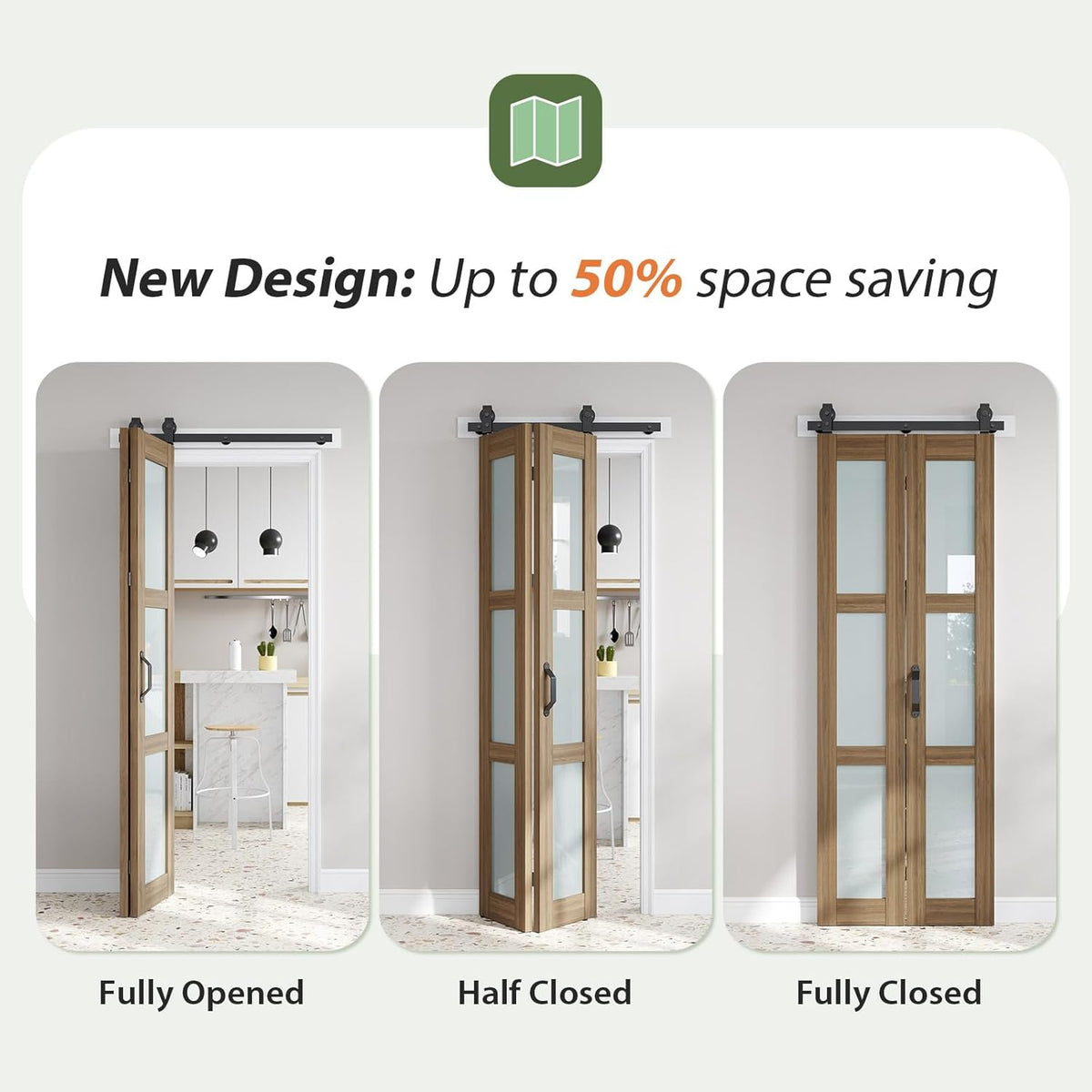 Bifold Barn Doors 30X84 (Double 15x84) with Frosted Glass and Hardware Kit Included, Brown,for Bedroom,Bathroom