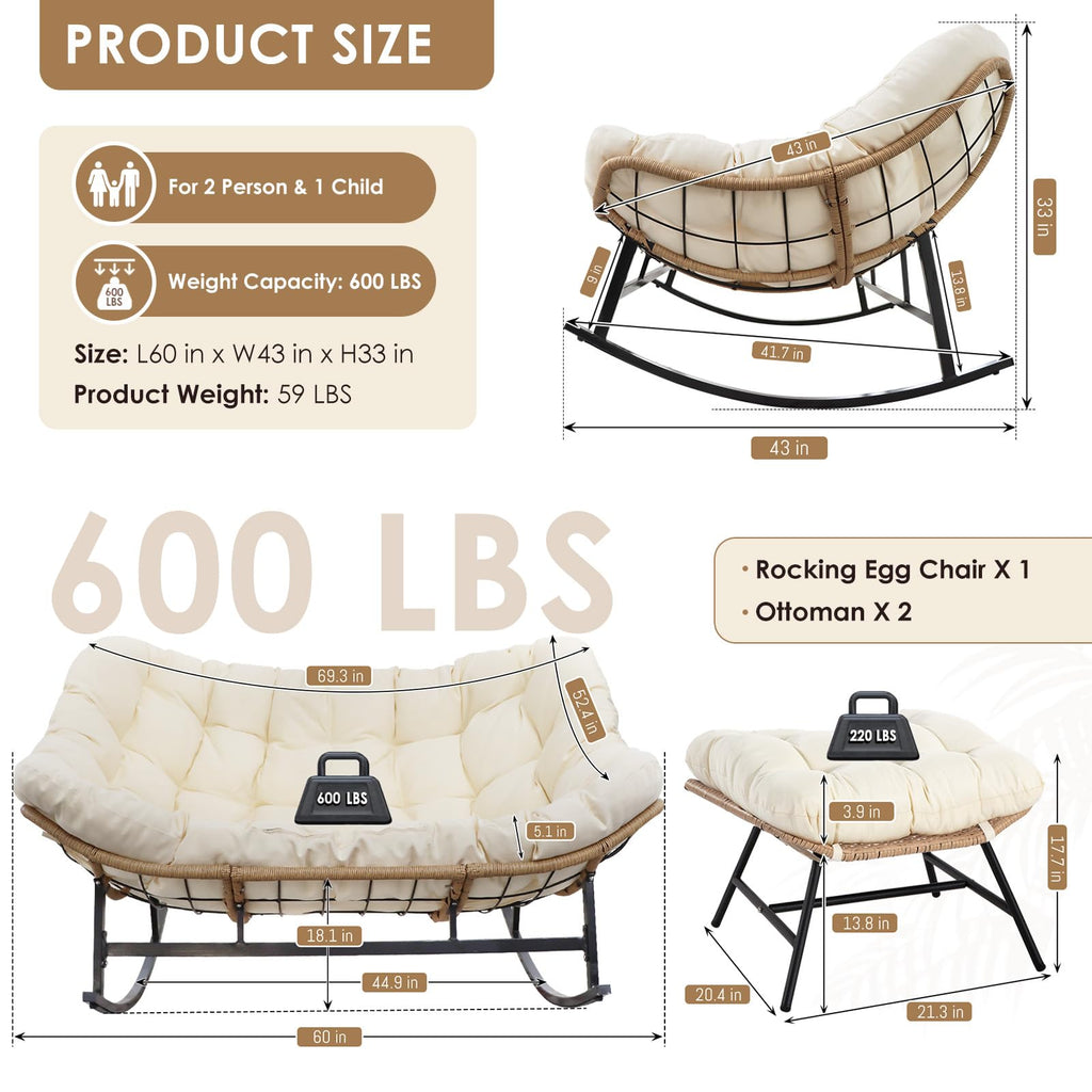 Inspired Egg Style Double Rocking Chair with Ottomans, Papasan Lounger Chairs