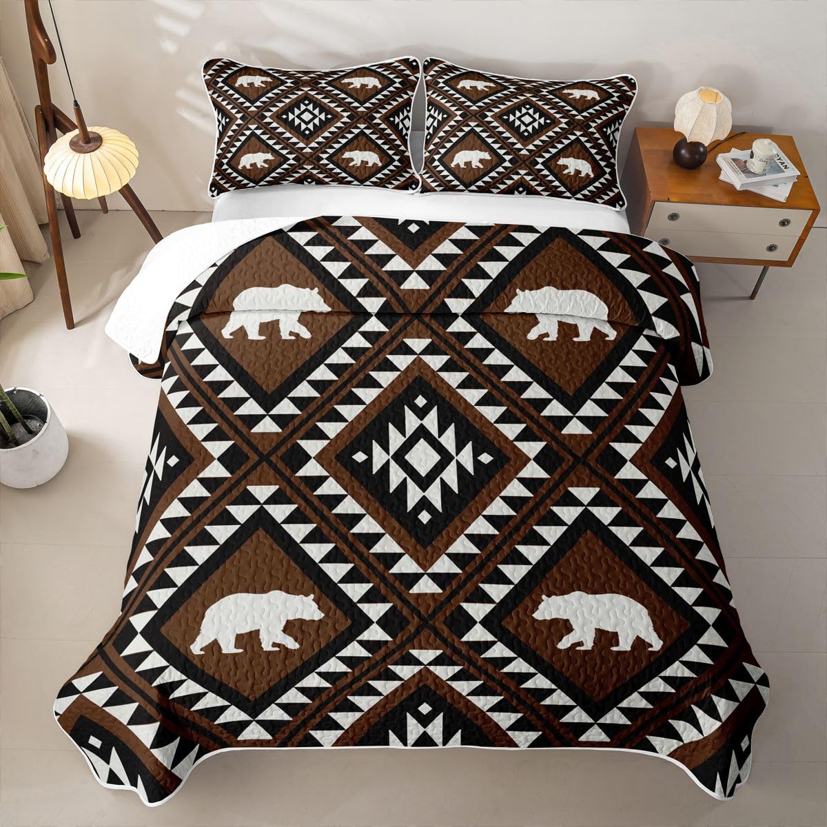 Western Boho Quilt Set Aztec Quilted Bedspread Lightweight Coverlet Set Wild West Bear Bedding Set with