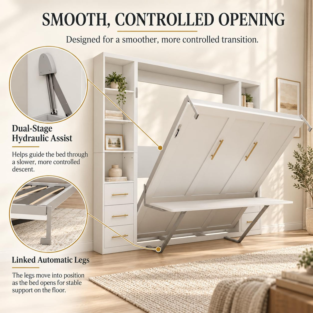 Murphy Bed with Desk Queen Foldable Wall Bed with Side Storage Cabinets