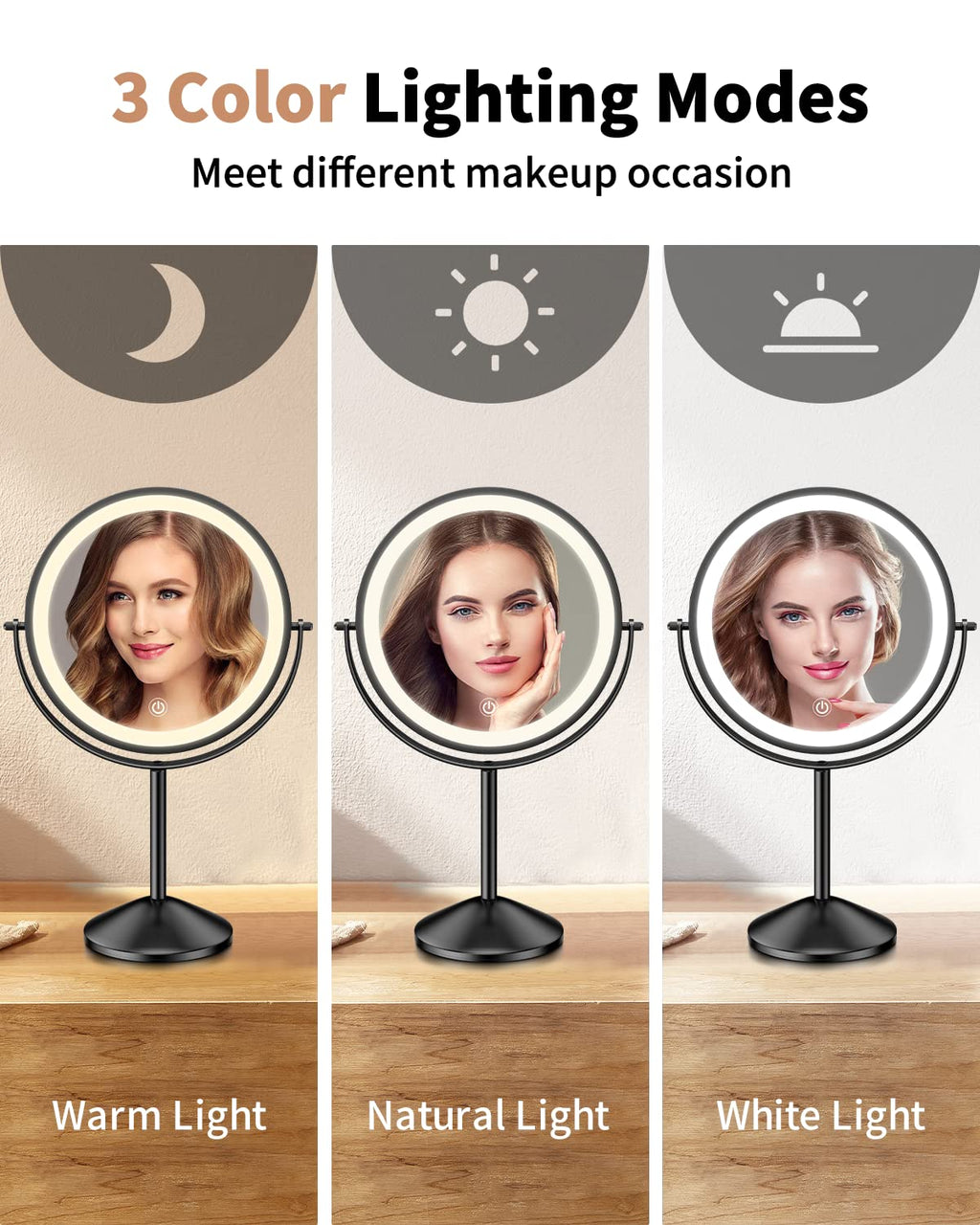 8" Lighted Makeup Mirror with Magnification 10X/1X, 3 Color Lights