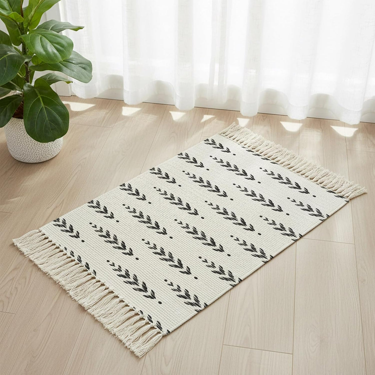 Modern Scandi Botanical Leaves Kitchen Runner Rug Boho Tassel Rugs Floor Carpet, Minimalist Black Leaf on White