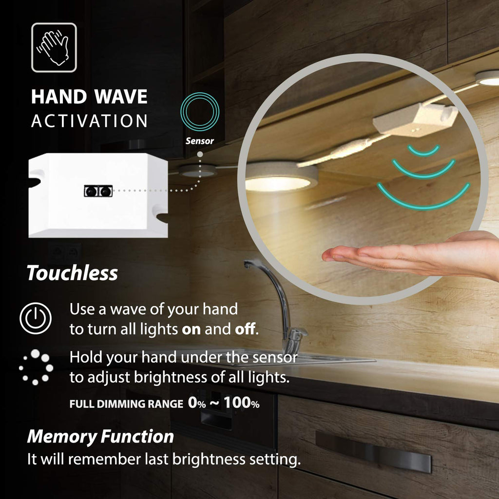 Under Cabinet Puck Lights with Hand Wave Sensor - Circular LED Cabinet Lights - Dimmable - Pack of 3, Warm White
