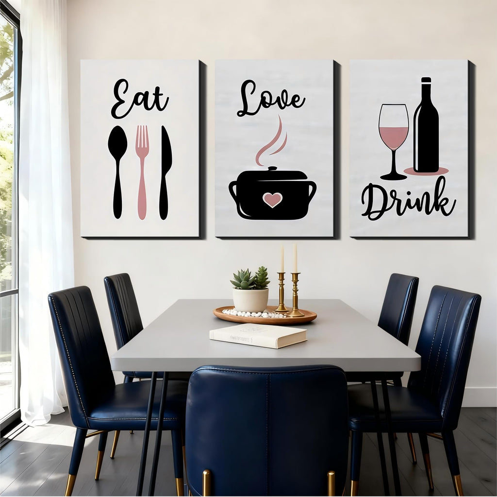 3 Piece Big Wall Art - Eat Love Drink Kitchen Decor, Dining Utensil/Wine Prints, Oversize Wall Art Adding Charm to