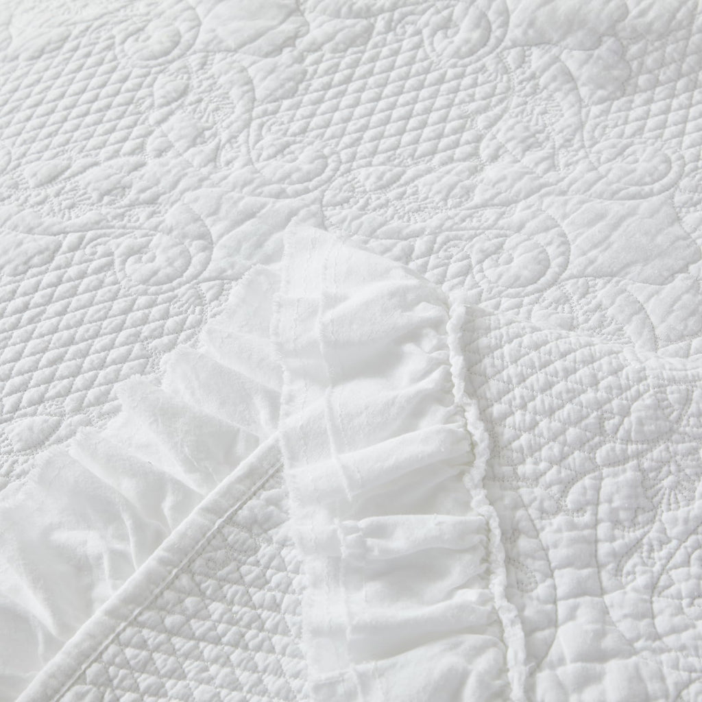 White Quilt Set Cotton Paisley Stitched Matelasse Coverlet