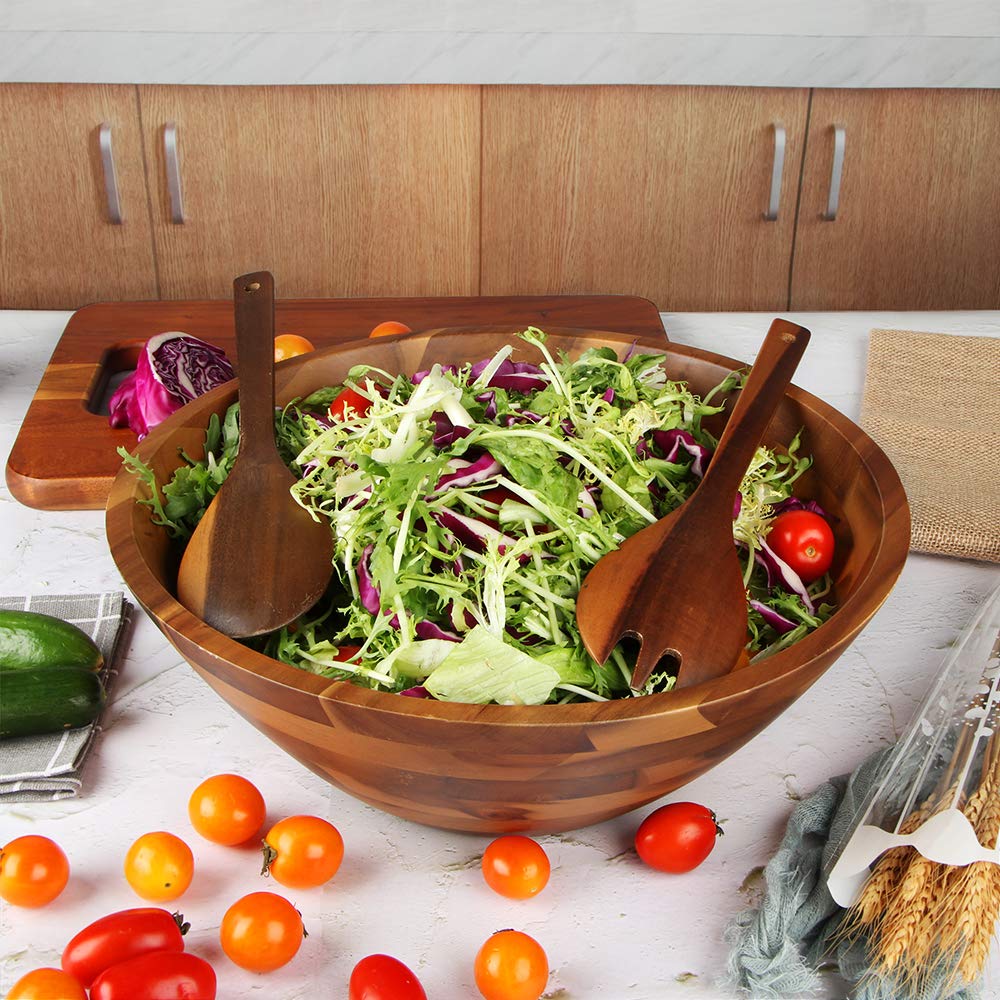 Salad Bowls, Wooden Salad Bowls Set, Large Acacia Wood Serving Bowl for Fruits, Salad, 12.5" Big Salad Bowl