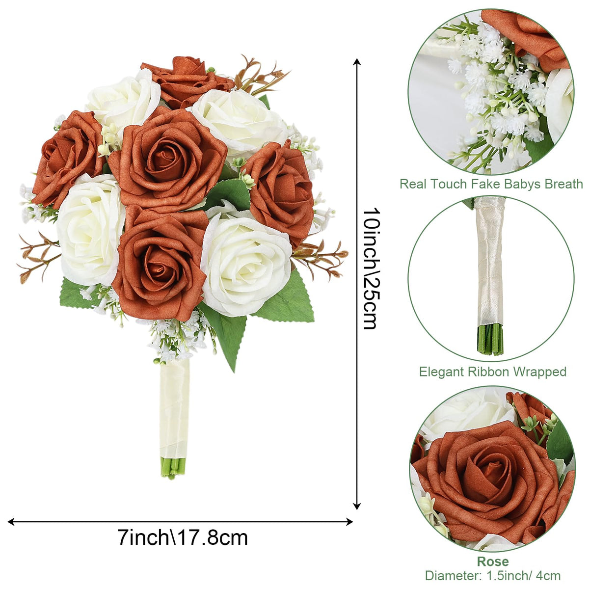 Artificial Bridesmaid Bouquets Set of 6 - Wedding Bouquet Burnt Orange Rose White Babys Breath 7 Inch Flower Bride