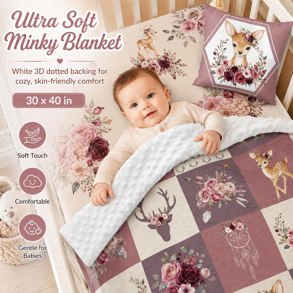 Baby Crib Bedding Set 3 Pcs - Patchwork Deer Crib Bedding Set for Girls - Floral Plaid Nursery Bed Sets Include Soft