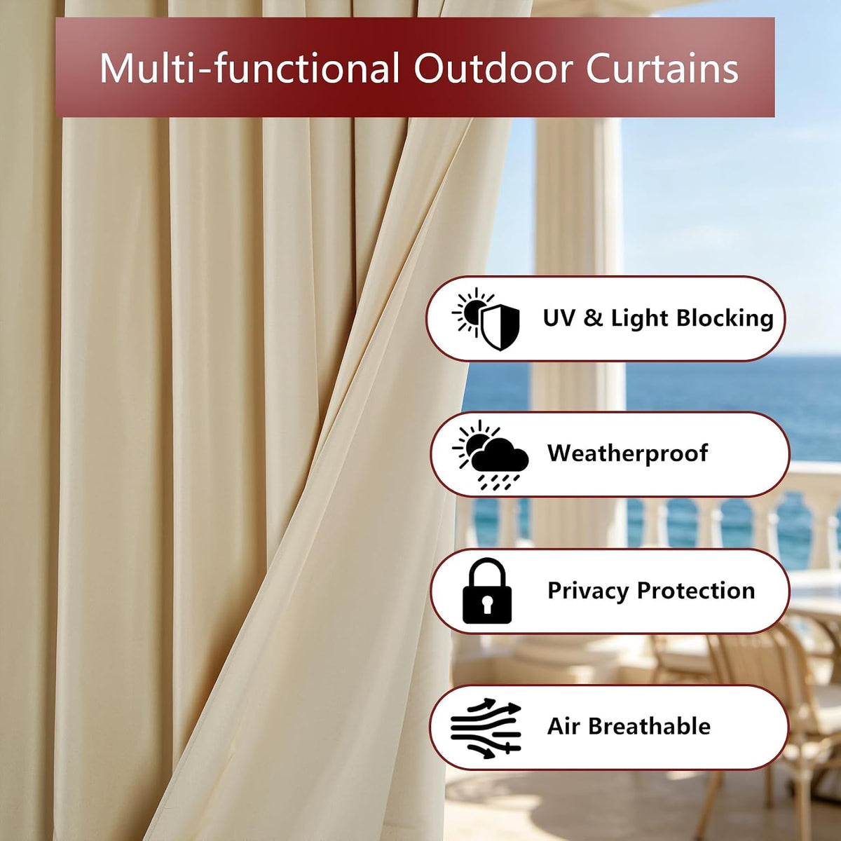 LZY 8 Panels Outdoor Curtains Waterproof - 52x108 Inches Cream Blackout Curtains, Polyester Weatherproof Privacy