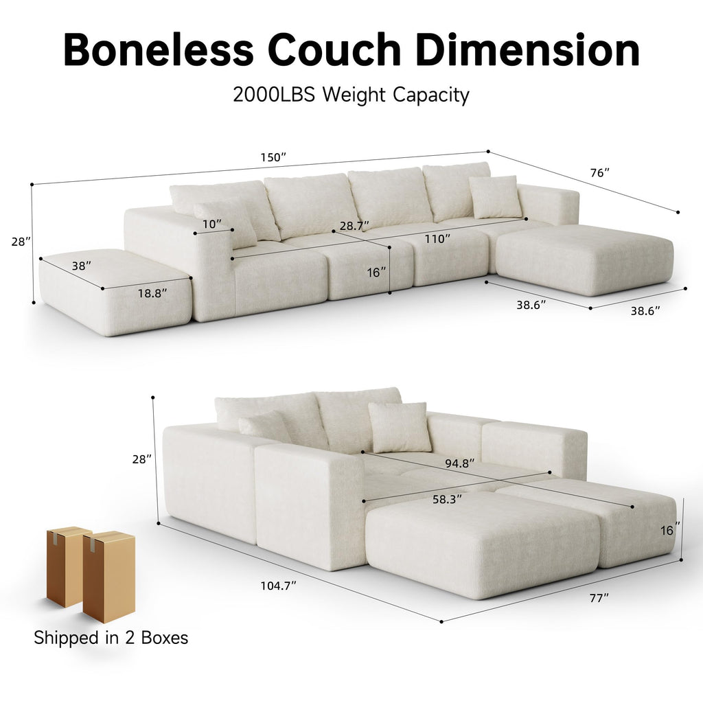 150" Oversized Boneless Couch Modular Sectional Sofa