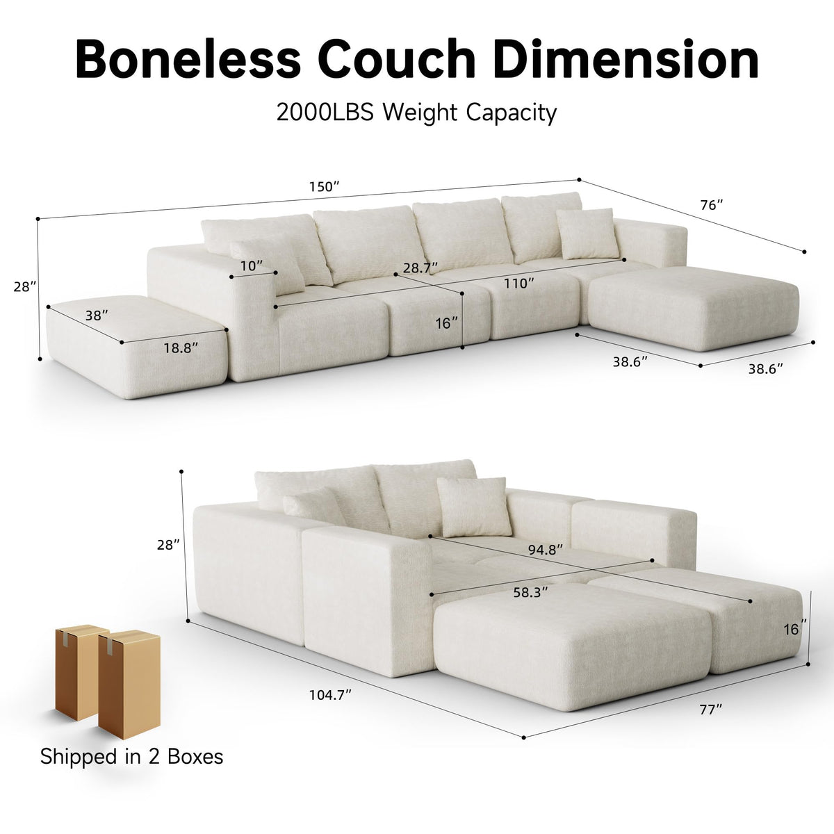 150" Oversized Boneless Couch Modular Sectional Sofa