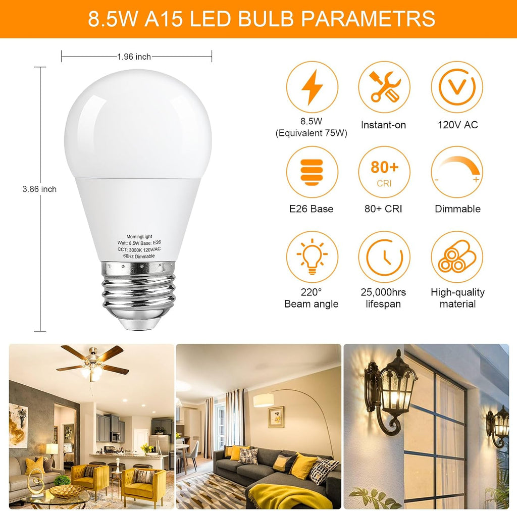 Dimmable A15 LED Bulbs 75Watt Equivalent, 3000K Soft White, 800LM, 8 Pack
