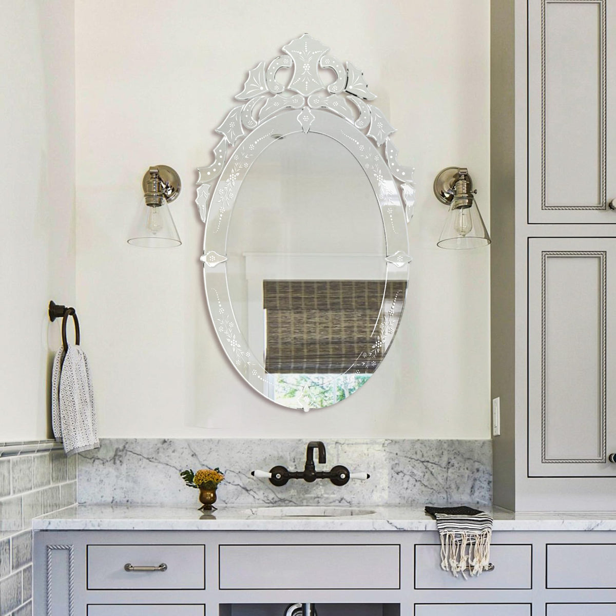 42x24 Oval Bathroom Mirror, Venetian Floral Etched Decorative Wall Mirror