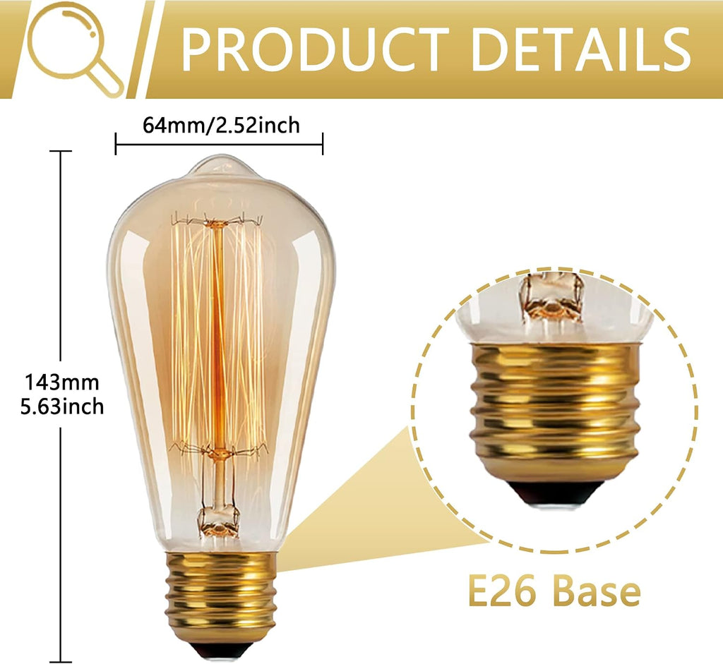 ST64 Incandescent Light Bulbs 40W E26 Dimmable Edison Bulbs 6 Pack