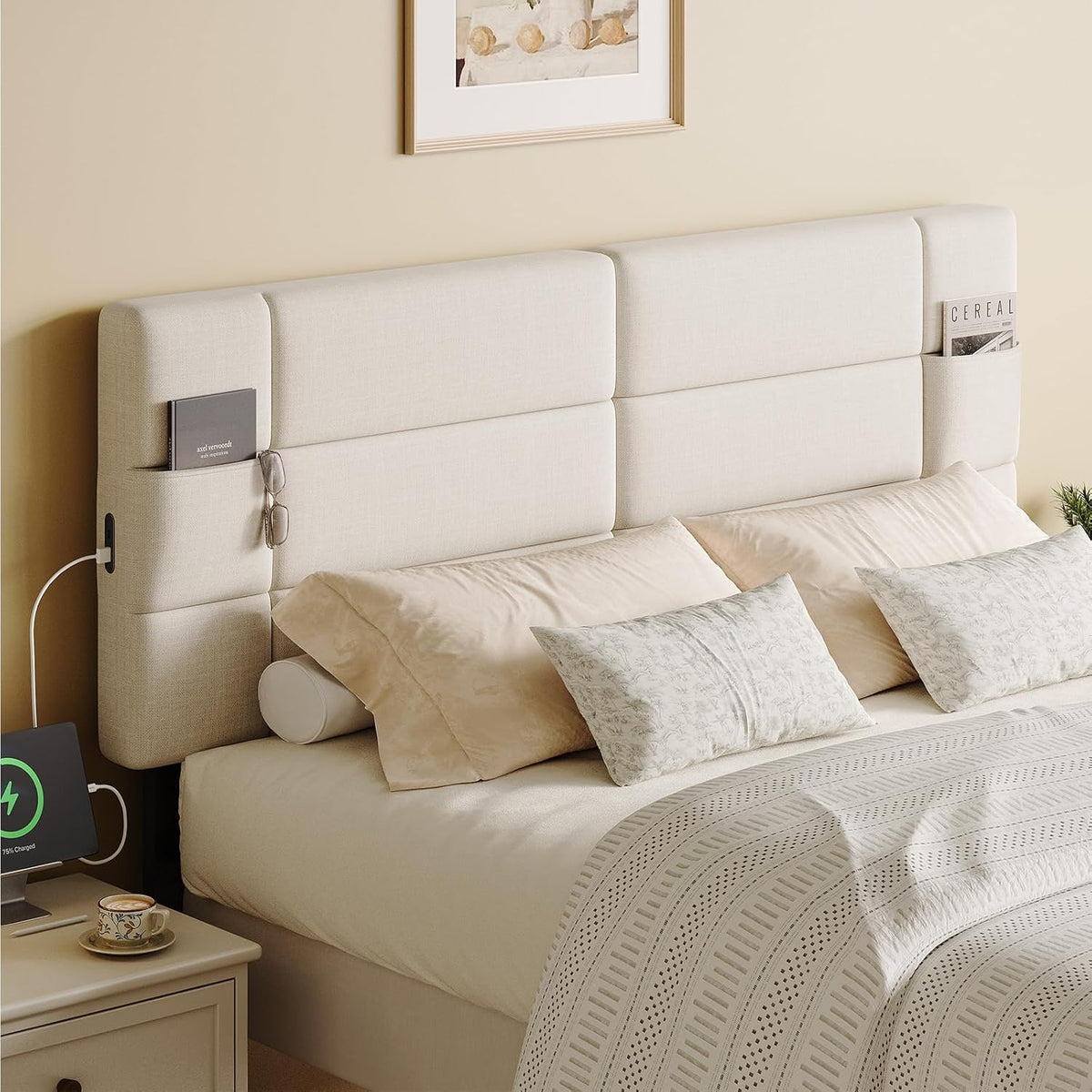 Upholstered Full/Queen Headboard with USB and Type-C Ports, Adjustable