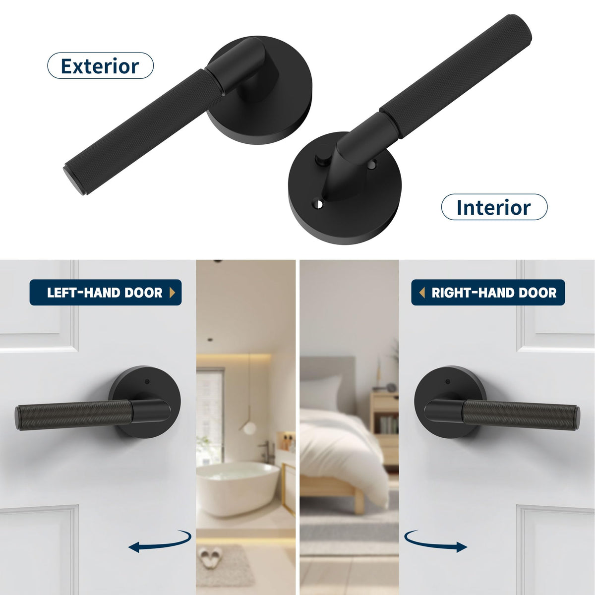 6 Pack Matte Black Knurled Interior Door Handle, Privacy Lock