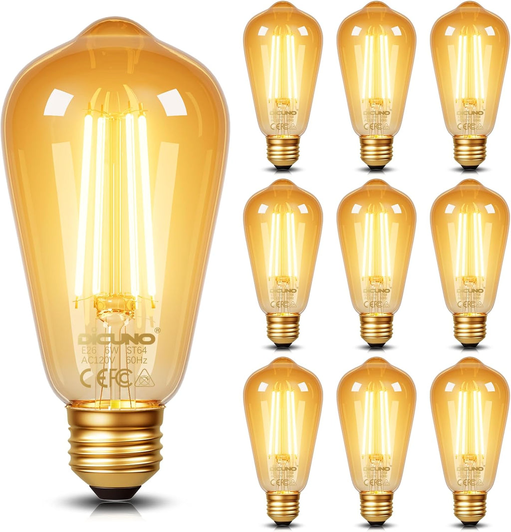 E26 Edison Bulbs 60W, 2200K Amber Warm, Amber Glass, 600LM, 10-Pack