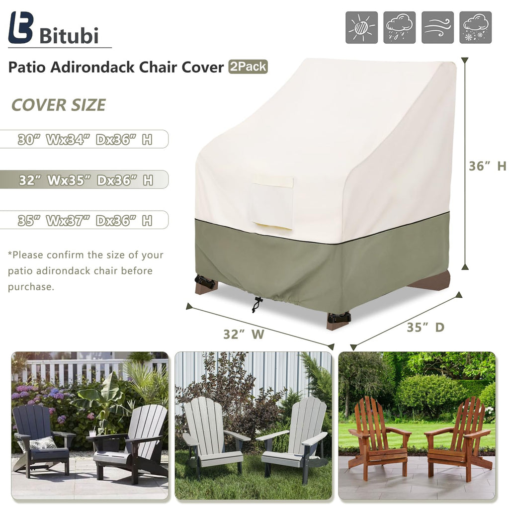 Waterproof 2 Pack Patio Adirondack Chair Cover for Outdoor Chair Size Up to 32W x 35D x 36H inch, Outdoor Lawn Patio