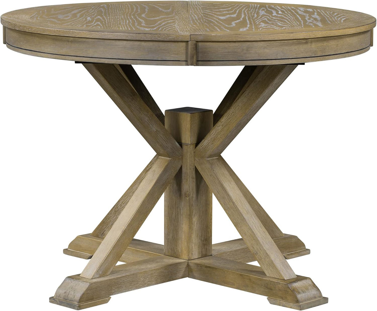 Retro Style Round Dining Table Functional Wooden Extendable Oval Dining Table with 12" Leaf and Natural Wood Grain